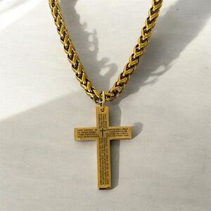 Men's Gold PVD Titanium 316L Surgical Stainless Steel Religious Cross Necklace